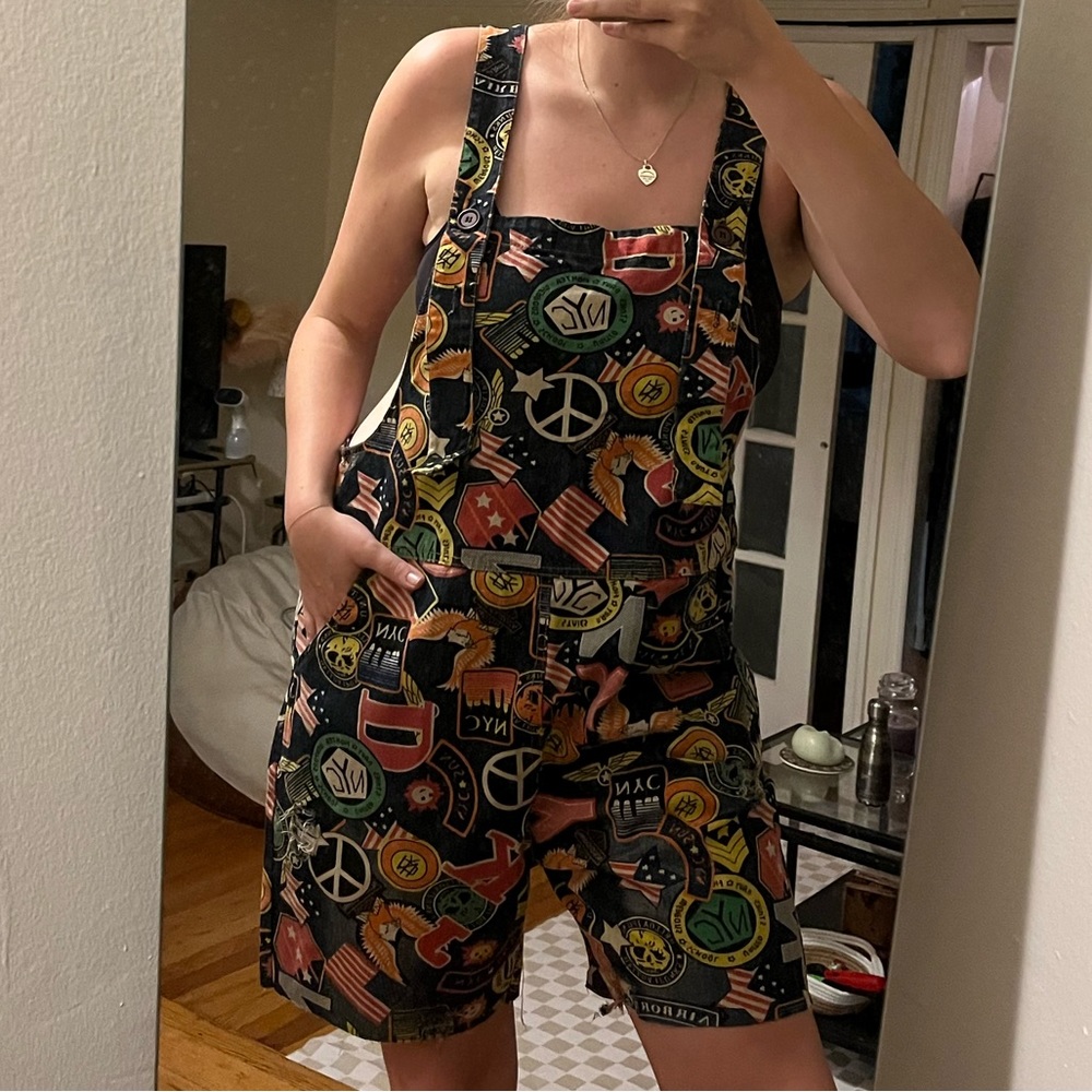 Retro NYC Graphic Short Overalls